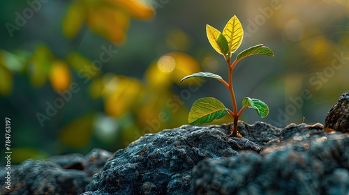 Young plant sprouting on a rock, a symbol of resilience and growth, soft tones, fine details, high resolution, high detail, 32K Ultra HD, copyspace