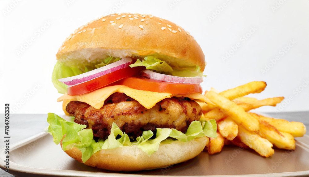 Crispy breaded fried chicken burger sandwich with fries, served on a fast food tray. Crispy breaded fried chicken burger sandwich with fries, served on a fast food tray.