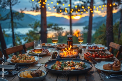An exquisitely set dinner table outdoors overlooking a tranquil mountain scene at dusk with ambient lights and a variety of dishes