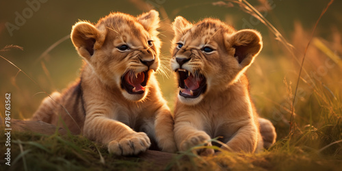 Two lion cubs playfully wrestling in a grassy meadow, their fluffy manes and exuberant roars filling the air with the sounds of youthful joy and camaraderie. 