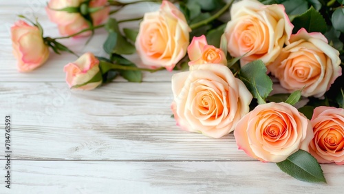 Orange roses on a white wooden table with space for text.