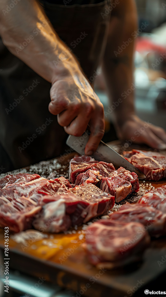 studio shot of A butcher slicing meat at a local market, realistic travel photography, copy space for writing