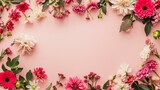 Top view of pink Spring garden flowers frame on pink paper background. Background with copy space