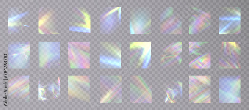 Rainbow light rays, lens flare, reflection effect from crystal, glass or gem. Vector realistic illustration set of light leak effect with spectrum glare, prism refraction, lens flare	