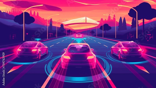 The Driverless cars for future adaptive cruise control and smart transportation technology in night neon light.