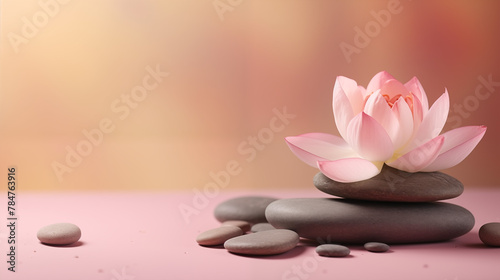 stones and lotus flower on pink background witn copy space, wellness and massage, bodycare, spa and harmony 