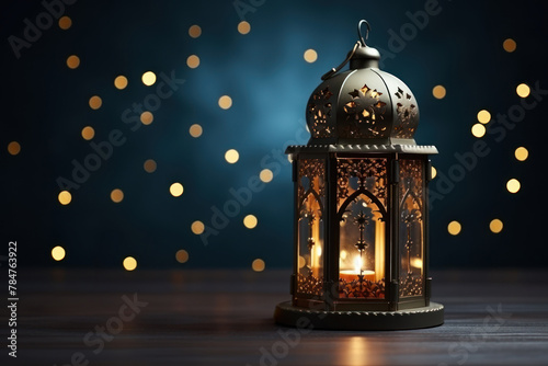 Beautiful lantern and glows against dark background of night sky. Islamic greeting card for Eid al-Fitr. Copy space.