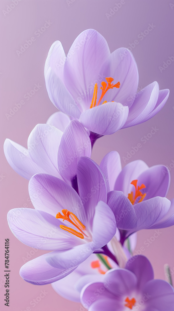 Close up of purple tommie crocus with orange stamens on pink background. Generative AI