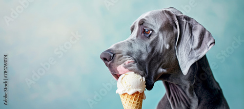 blue great dane dog licking ice cream from cone, green background, side view, photorealistic, studio shot