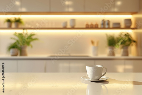 Minimalistic beige kitchen interior with white counter top and coffee set on blurred background