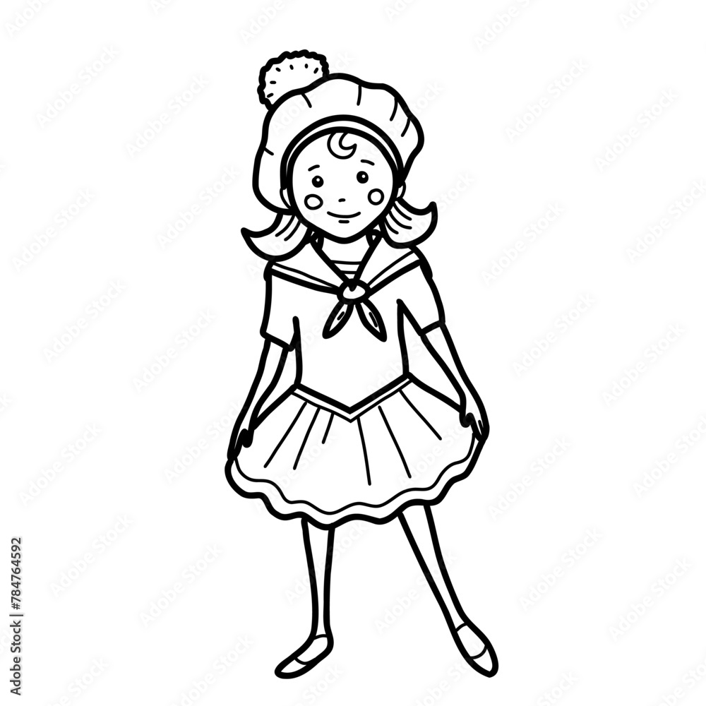 Cute little sailor girl in a marine dress. Vector nautical illustration for children in doodle style. Hand drawn on white background. Cute little sailor girl in a marine dress. Vector nautical illustration for children in doodle style. Hand drawn on white background.