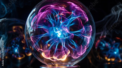 Plasma light ball displaying vibrant electric arcs on a black background photo