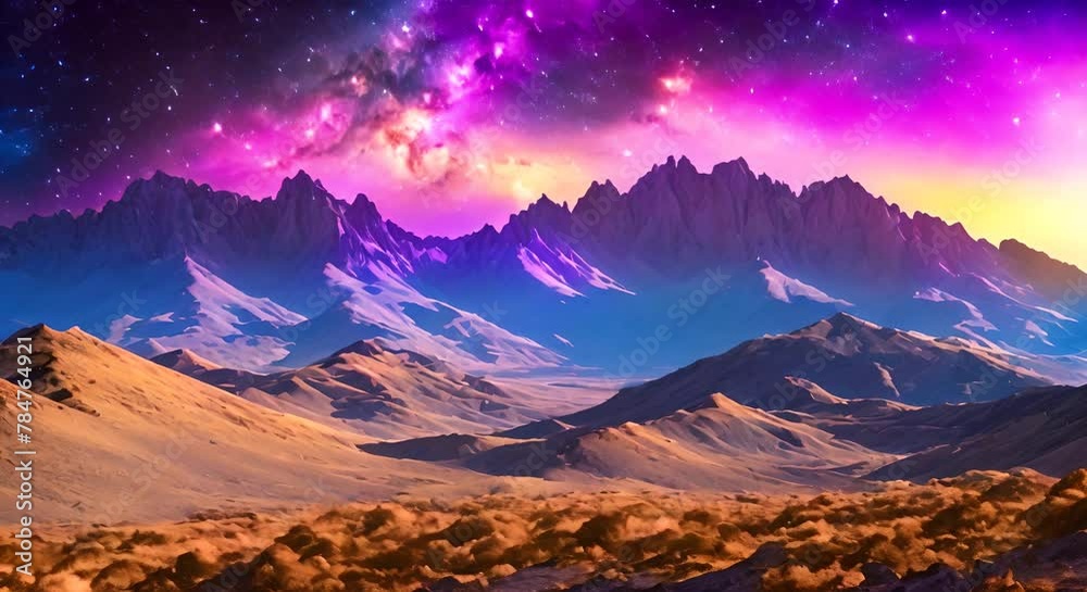Colorful mountains landscape High mountains and beautiful starry sky Bright animation with image transformations and metamorphose video Colorful mountains landscape High mountains and beautiful starry sky Bright animation with image transformations and metamorphose video