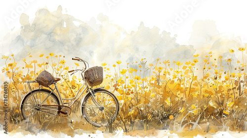 World bicycle day concept International holiday june 3, bicycle with basket in yellow mustard flowers Environment preserve. blur nature background, banner, card, poster with text space photo
