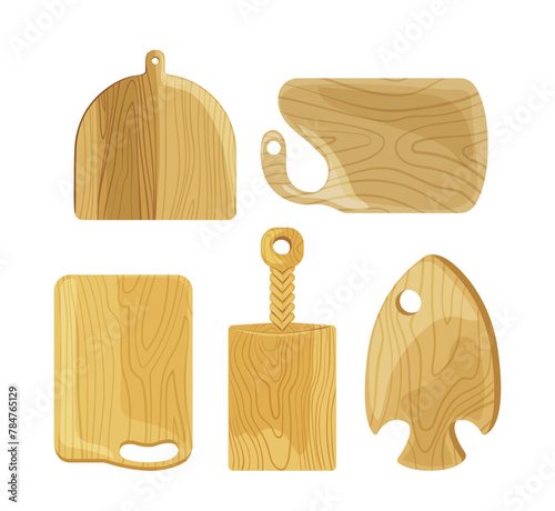 Creative restaurant kitchen cutting board set flat cartoon vector illustration isolated on white