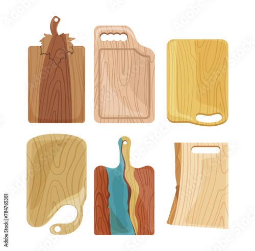 Collection of wooden cutting boards with different shape, form and design isolated set on white