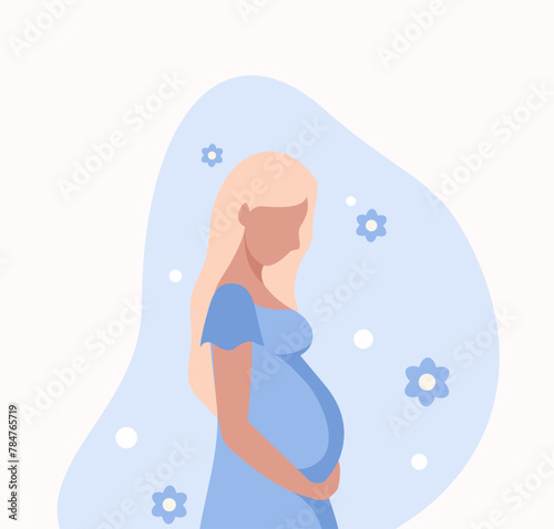 A pregnant woman in a blue dress hugs her stomach with her hands. Flat vector illustration.