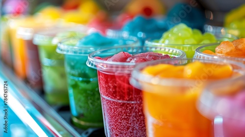 summer cool slush or smoothie dispenser machine brimming with colorful containers of chilled drinks photo