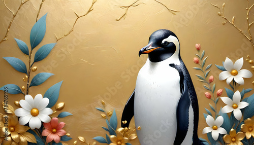Lovely illustration of a penguin with a complementary bloom and golden accents, presenting a blend of wildlife and art