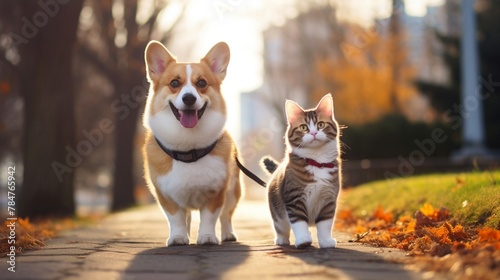 cat and corgi dog walking © Matthew