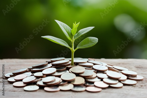 A plant sprouting out of a pile of coins
