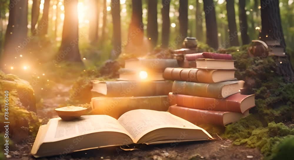 Old books in the magic forest Fantasy world 3D rendering Enter a whimsical literary wonderland where floating books create enchanting pathways of words and ideas