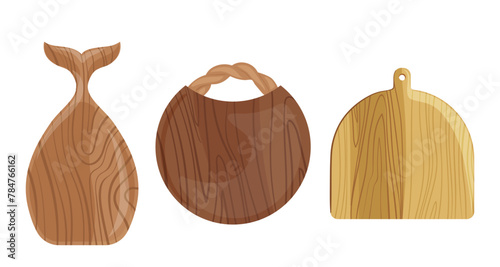 Different wooden cutting boards to slice meat, dice fish, chop vegetables, fruits isolated on white