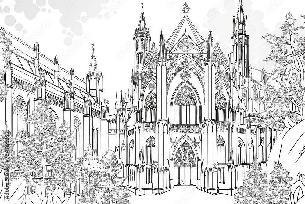 Coloring Book Page - Gothic Cathedral Facade. Generative AI.