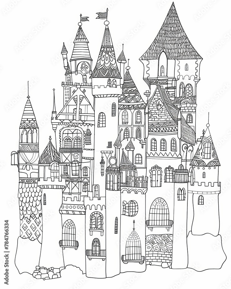 Coloring Book Page - Enchanted Castle. Generative AI.
