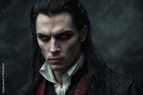 A man with red eyes and a red cape stands in front of a dark background