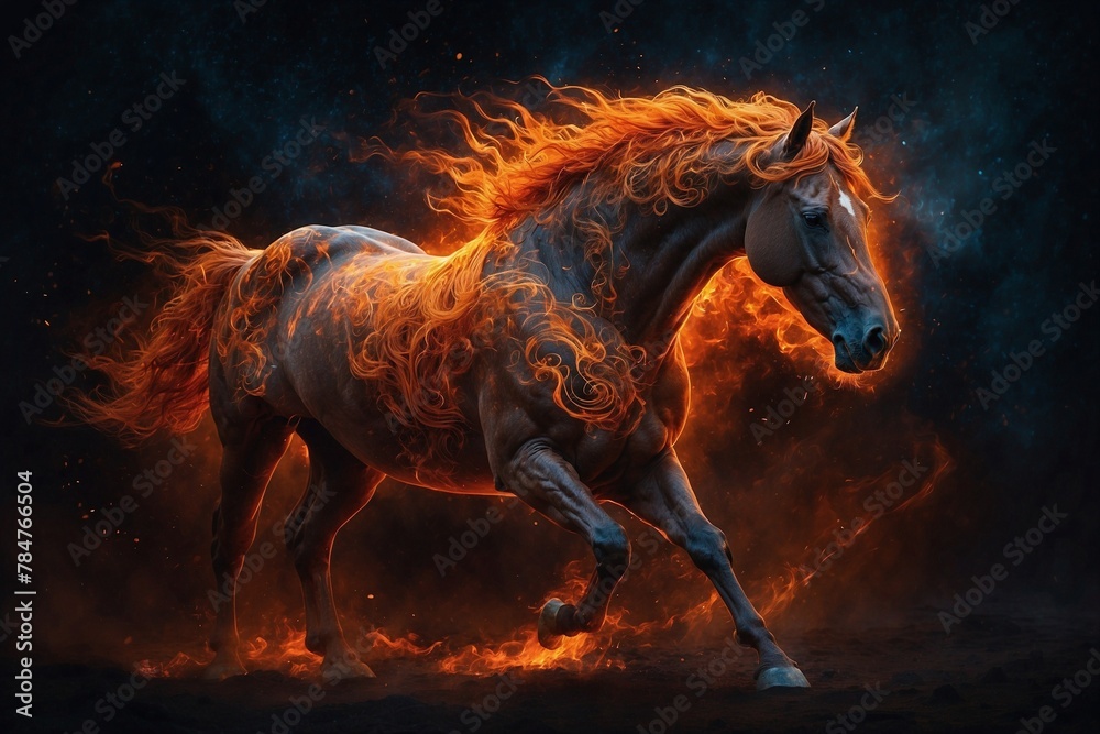 A horse with a fiery mane is running through a dark background A horse with a fiery mane is running through a dark background