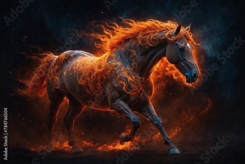 A horse with a fiery mane is running through a dark background