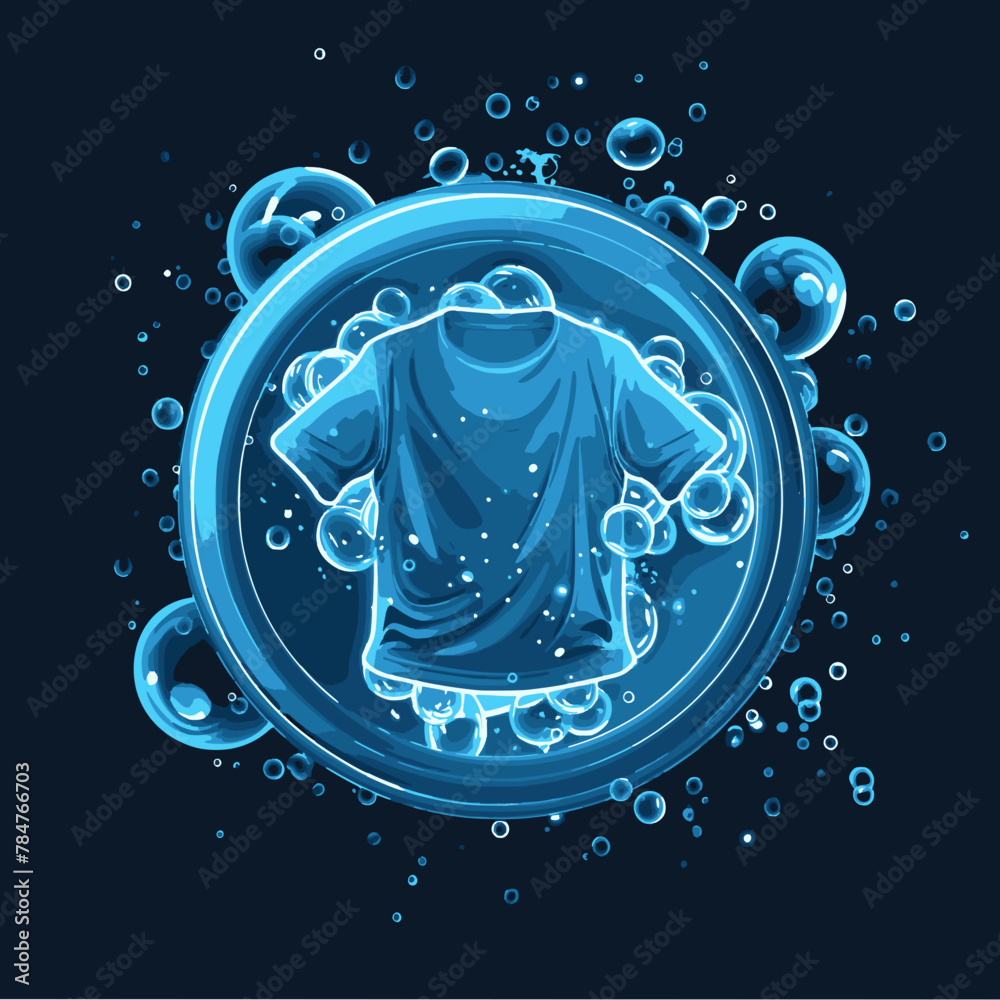 Fototapeta premium A round vector logo for an eco-friendly laundry service, featuring a t-shirt immersed in sparkling bubbles within a clean, fresh, and innovative aqua-colored design.