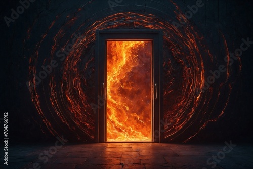 A fiery door is lit up in a dark room