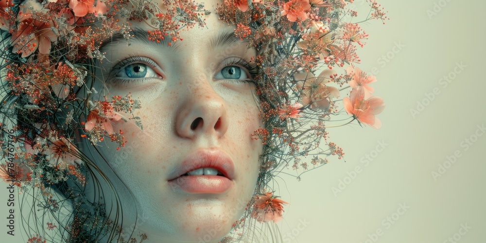 Portrait of a beautiful girl with flowers in her hair. Conceptual image Portrait of a beautiful girl with flowers in her hair. Conceptual image