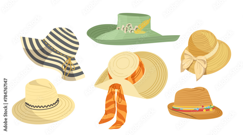 Elegant summer straw and textile hats female stylish accessories isolated set on white background - obrazy, fototapety, plakaty 