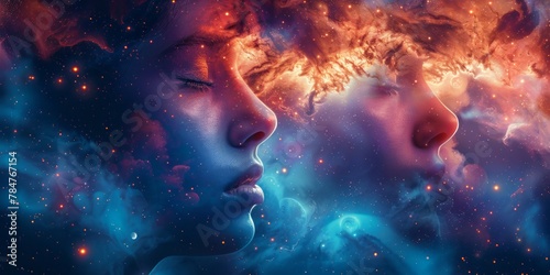 Double exposure portrait of woman and man combined with nebula and stars