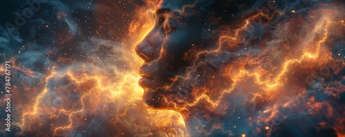 Man face in deep space. Collage space background