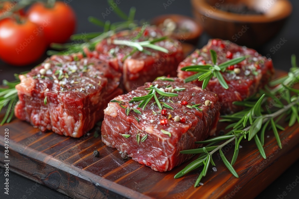 The image tastefully displays raw steaks seasoned with herbs on a wooden cutting board, inviting culinary exploration