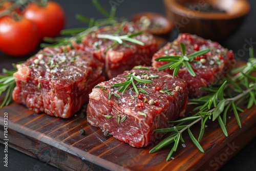 The image tastefully displays raw steaks seasoned with herbs on a wooden cutting board, inviting culinary exploration