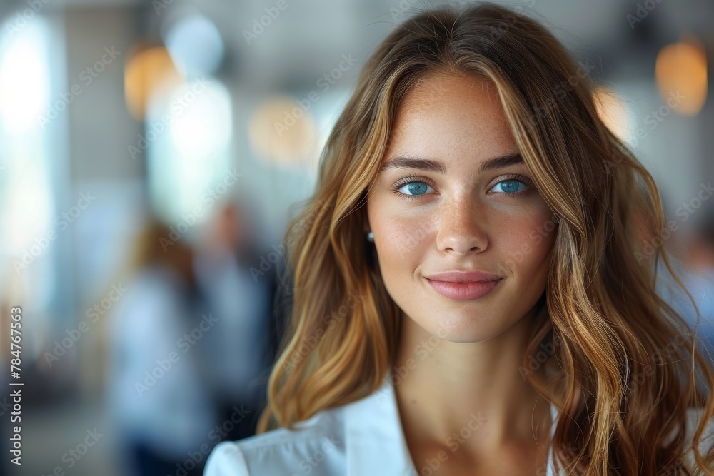 An up-close portrait of an attractive young woman with bright blue eyes and a friendly expression An up-close portrait of an attractive young woman with bright blue eyes and a friendly expression
