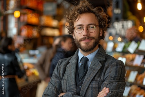 Young professional man in a tweed jacket stands with crossed arms at a vividly decorated market space