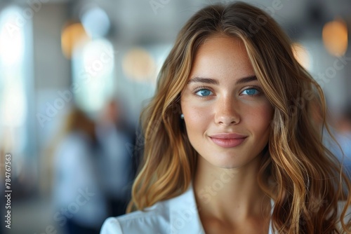 An up-close portrait of an attractive young woman with bright blue eyes and a friendly expression