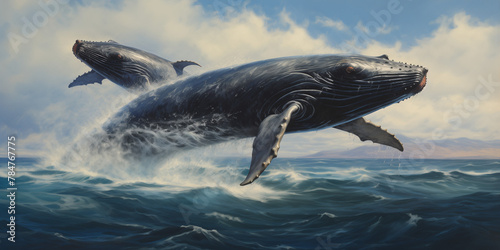 Two whales breaching the surface of the ocean, their immense size and power contrasted by the gentle touch of their noses in a loving gesture.