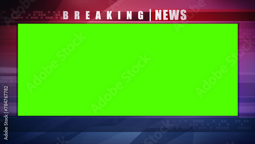 Breaking news backdrop graphics card, with a green screen window and copy space for titles. A 3D illustration background for representation of TV channel program on movies or series