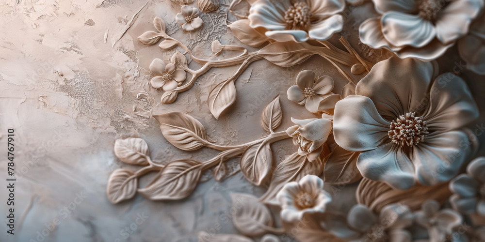 Sculpture of flowers and leaves in metal relief on wall. Generative AI Sculpture of flowers and leaves in metal relief on wall. Generative AI