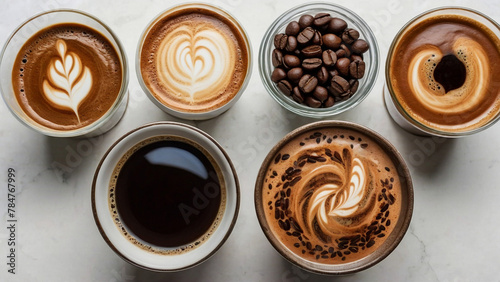 Aromatic group of different types of coffees on white surface, Generative ai