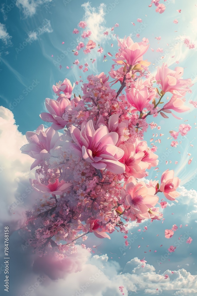 A magical explosion of pink flowers and delicate petals suspended in a clear blue sky, embodying a feeling of springtime freedom and wonder.. A magical explosion of pink flowers and delicate petals suspended in a clear blue sky, embodying a feeling of springtime freedom and wonder..