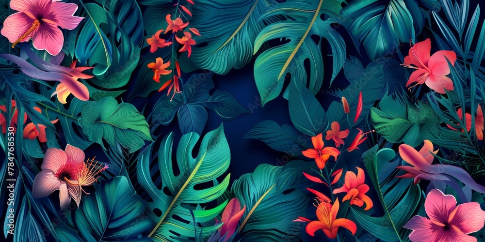 A lush and vibrant pattern full of tropical flowers and greenery, bursting with colors that capture the essence of a tropical paradise...