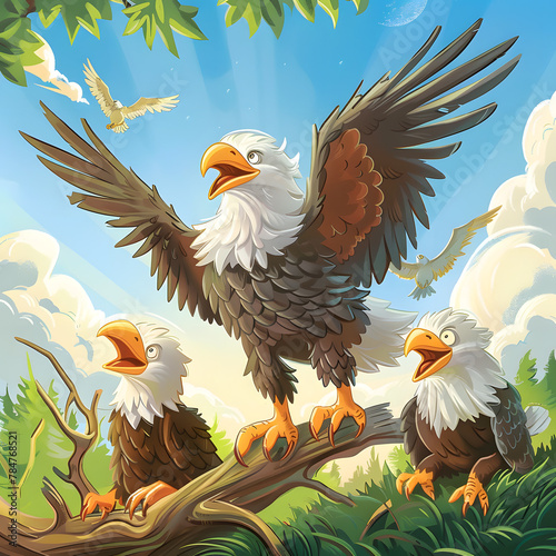 Cartoon Illustration of American bald eagle family with daily life. photo